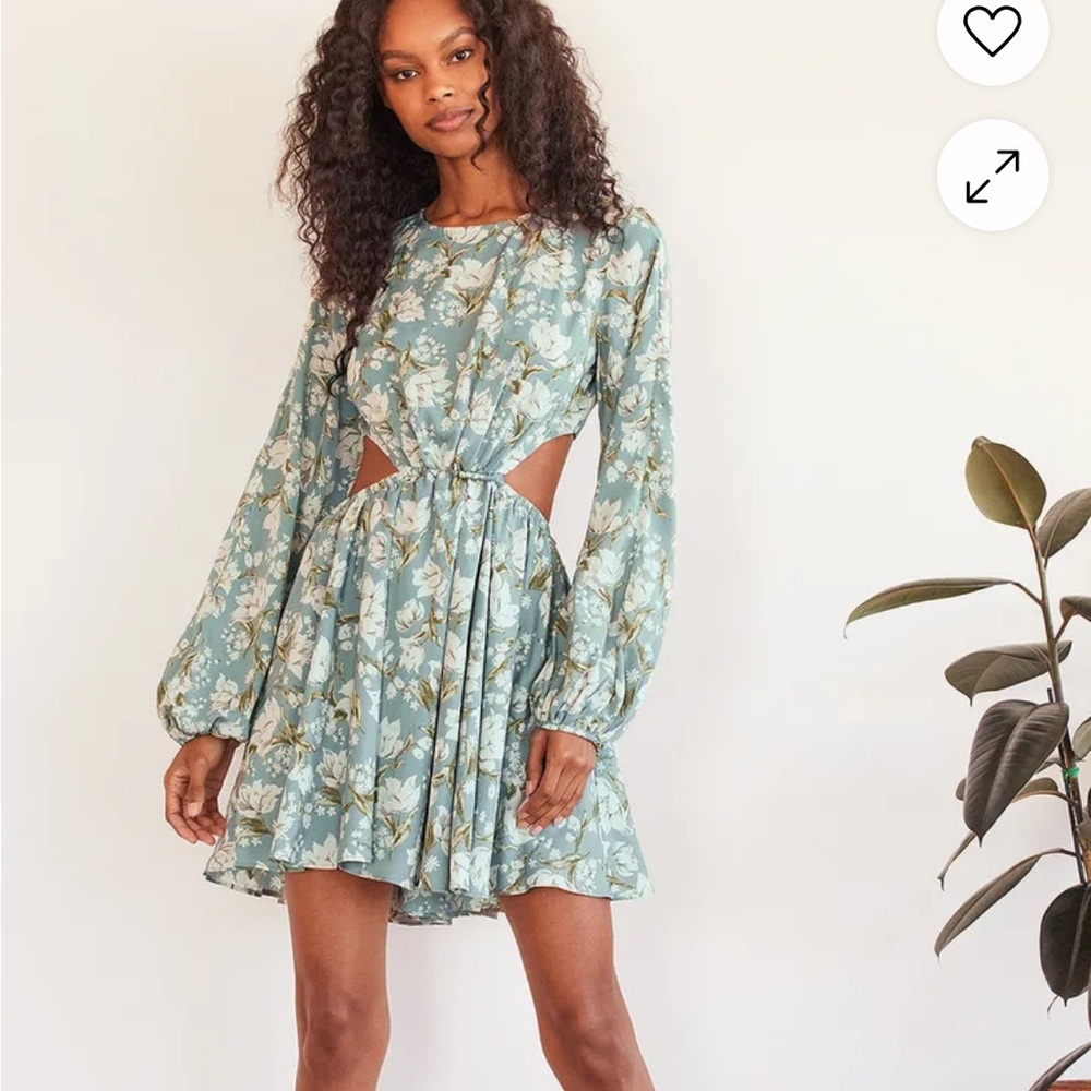 NWT Lulus First Blooms Dusty Blue Floral Print Long Sleeve Cutout Dress XL Mini - Picture 2 of 11